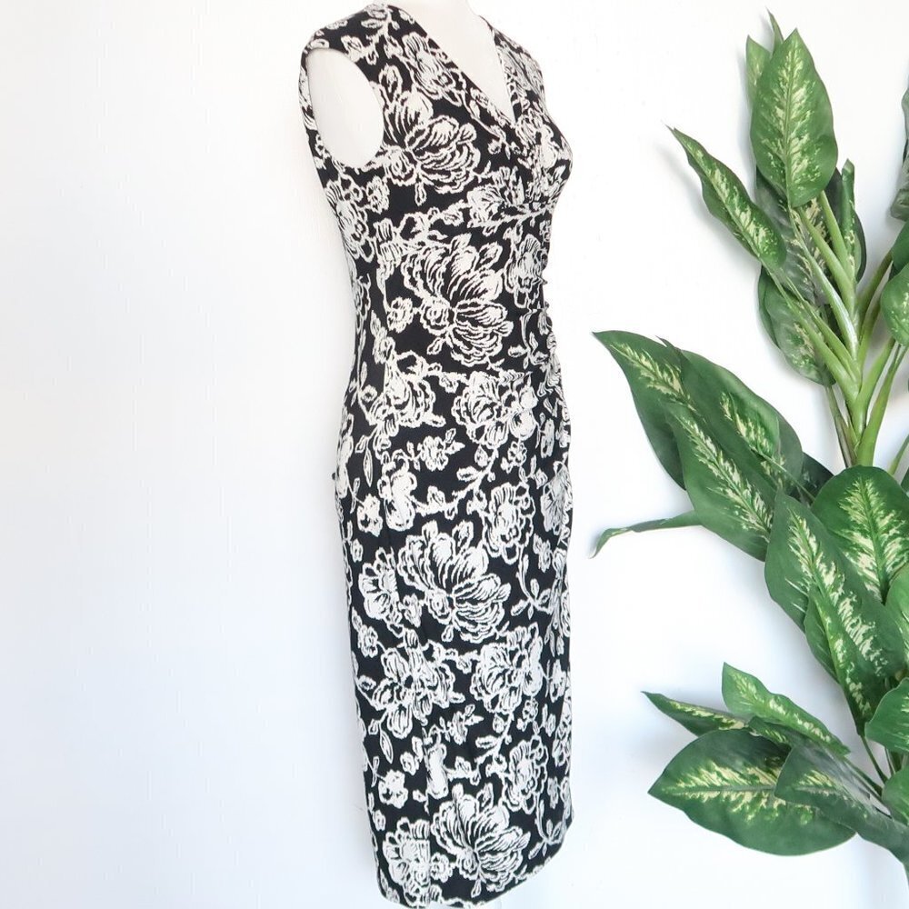 Ralph Lauren Black & White Faux Wrap V-neck Slim Fit Midi Sheath Dress Size 2 - Picture 4 of 10